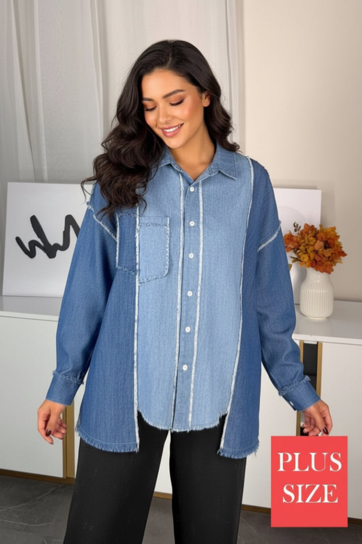 PLUS SIZE LONG SLEEVE PATCH DENIM SHACKET-WBT10560XL