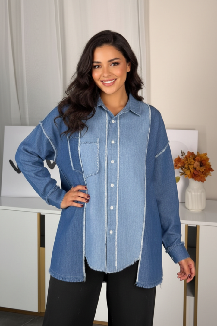 PLUS SIZE LONG SLEEVE PATCH DENIM SHACKET-WBT10560XL