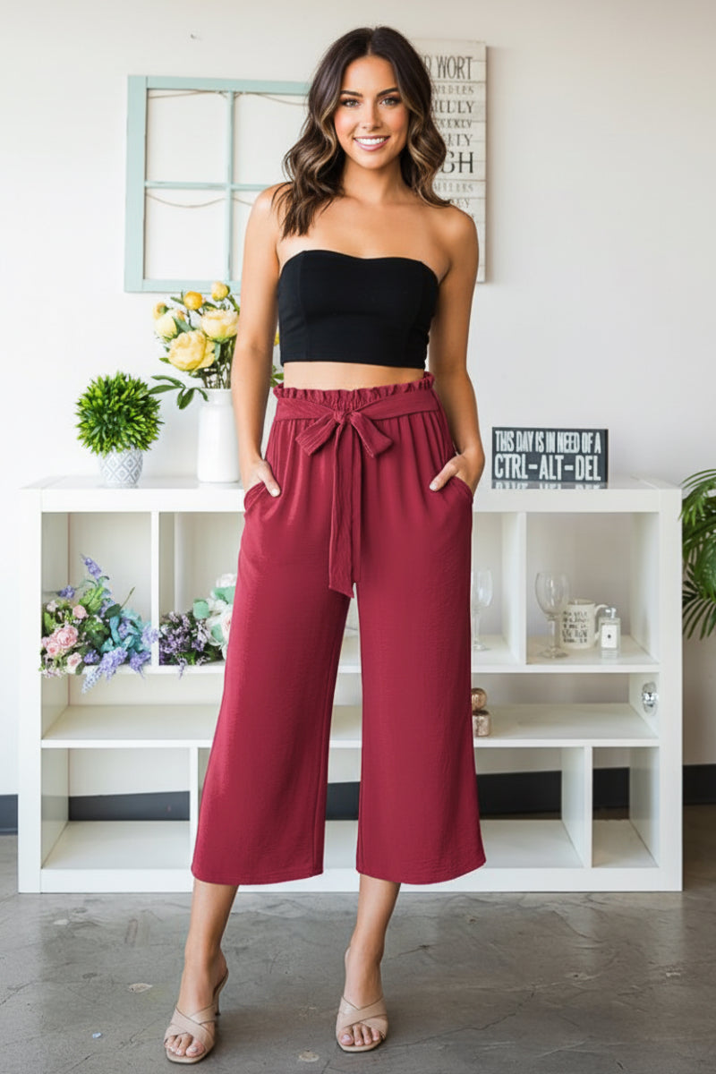 PAPERBAG WAISTBAND SOLID WOVEN CULOTTES PANTS-HMEP6735-10