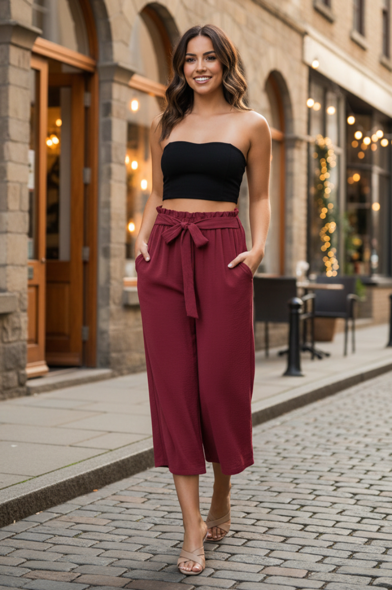 PAPERBAG WAISTBAND SOLID WOVEN CULOTTES PANTS-HMEP6735-10