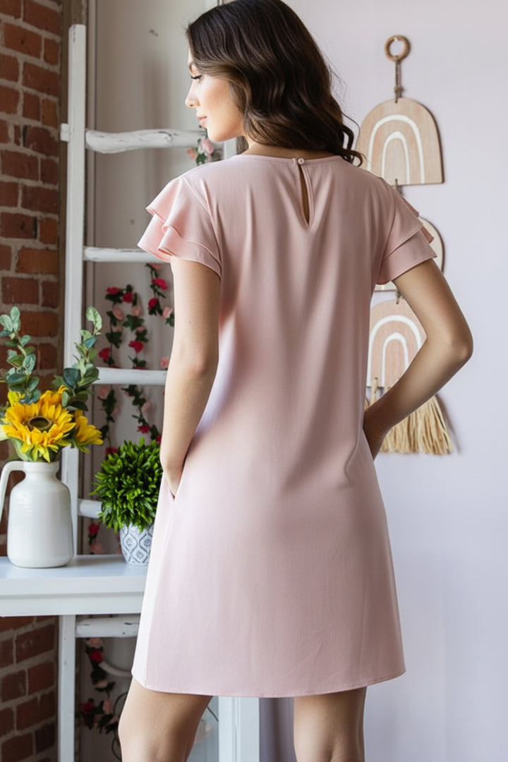 PLUS SIZE RUFFLED SHORT SLEEVE ROUND NECK SOLID MINI DRESS*