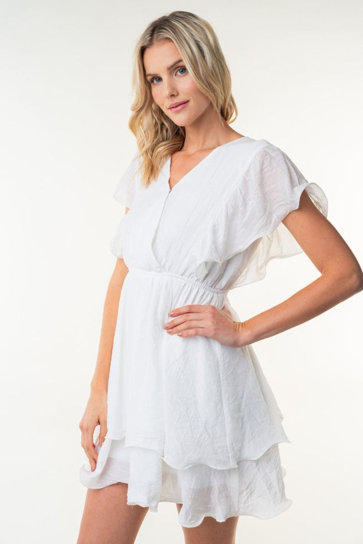 SHORT SLEEVE SOLID WOVEN DRESS