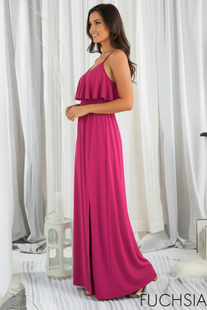 RUFFLED SLEEVELESS SOLID PLUS MAXI DRESS-HMED5008S