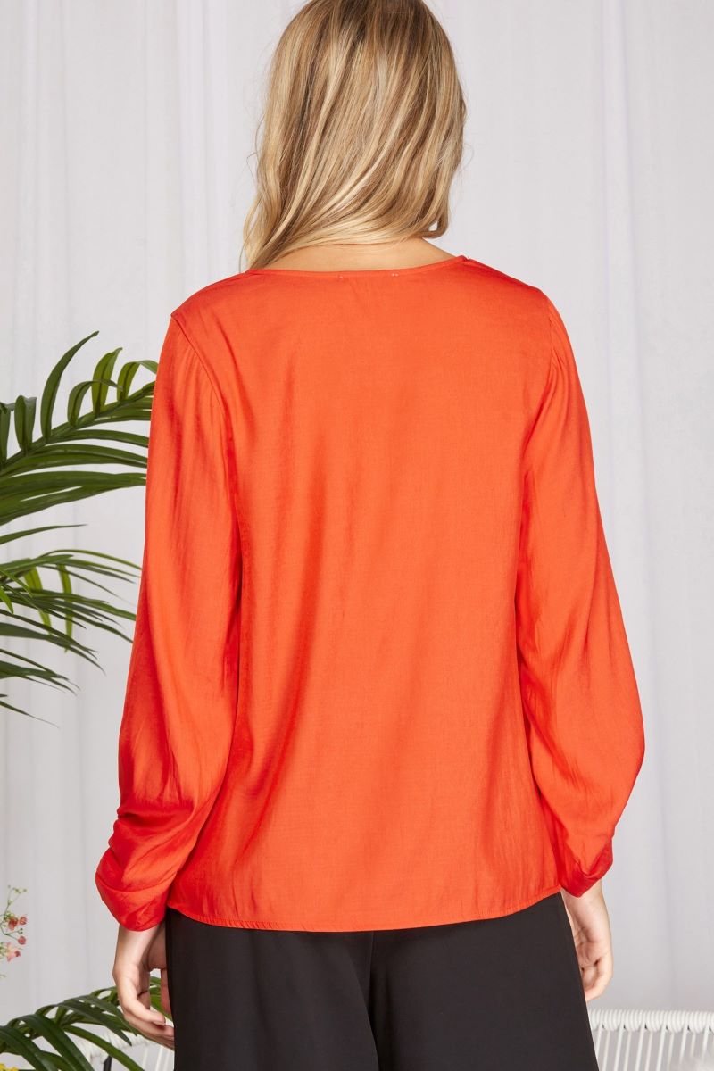 GREEN V-NECK 3/4 BALLOON SLEEVES WOVEN TOP SKSY2330