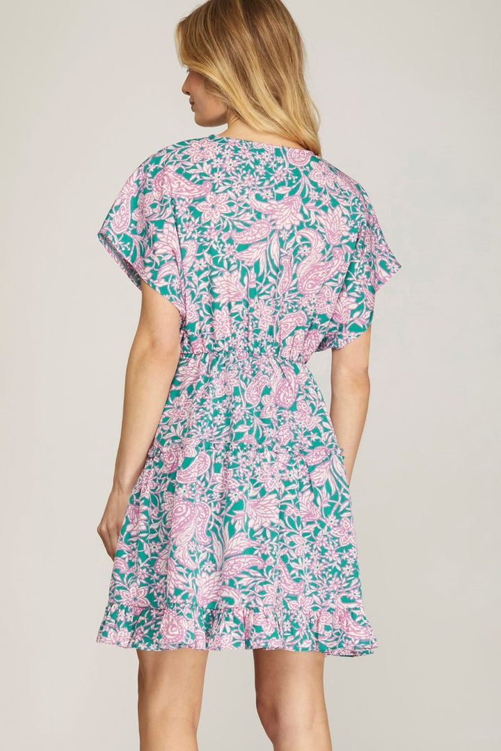 BLUE KIMONO SLEEVES SURPLICE TIERED WOVEN MINI DRESS SKSY6471