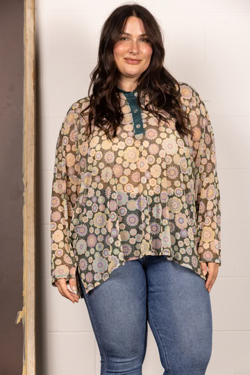 BROWN MANDARIN COLLAR FLORAL PRINT PLUS SIZE TOP T7538