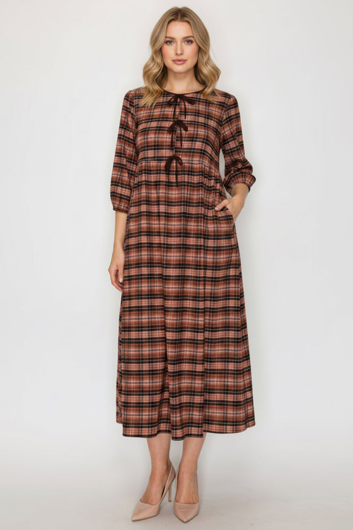 ELEGANT PLAID MIDI DRESS FEATURING A FLATTERING EMPIRE SHVL5954-5