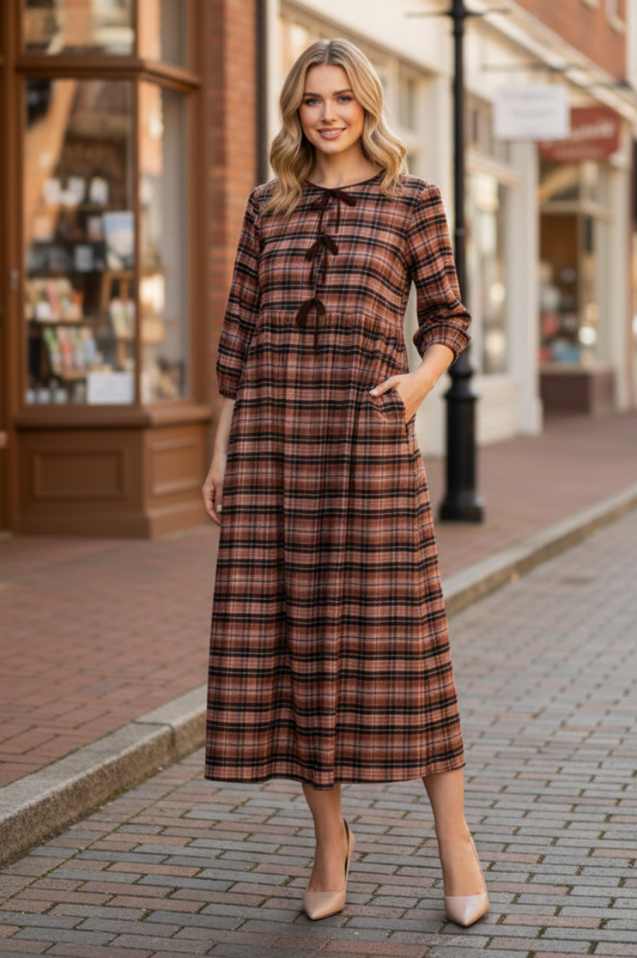 ELEGANT PLAID MIDI DRESS FEATURING A FLATTERING EMPIRE SHVL5954-5