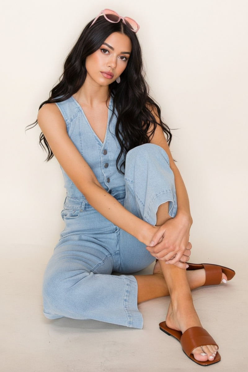 BUTTON DOWN SOLID DENIM JUMPSUIT