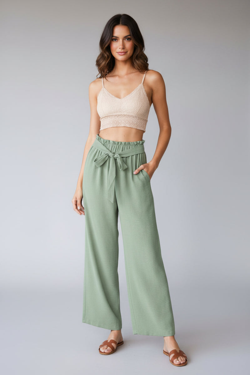 PLUS SIZE SOLID CASUAL PANTS WITH PAPERBAG WAISTBAND-HMET6700