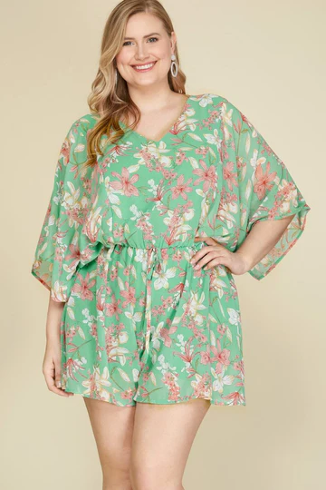 KIMONO SLEEVES DRAWSTRING WAIST WOVEN PLUS SIZE ROMPER