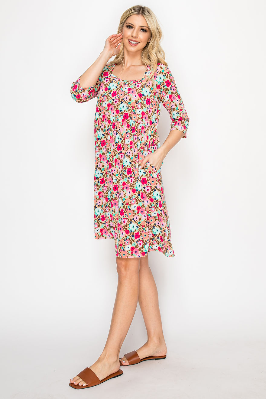 MULTI PRINT SQUARE-NECK DRESS WITH SIDE POCKETS