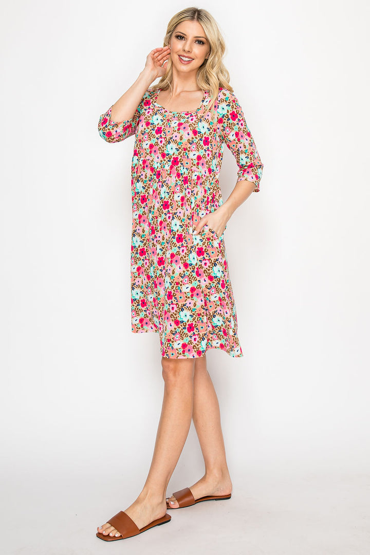 MULTI PRINT SQUARE-NECK DRESS WITH SIDE POCKETS