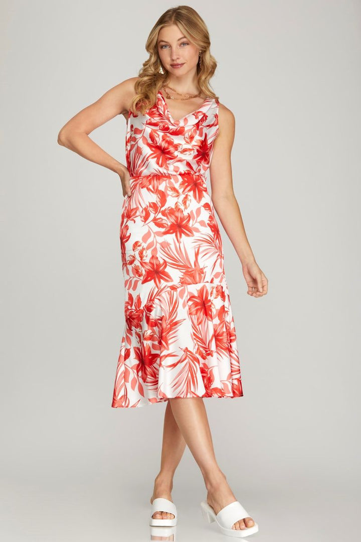 BLUE FLORAL PRINT MERMAID SATIN MIDI SKIRT SKSY6746-S