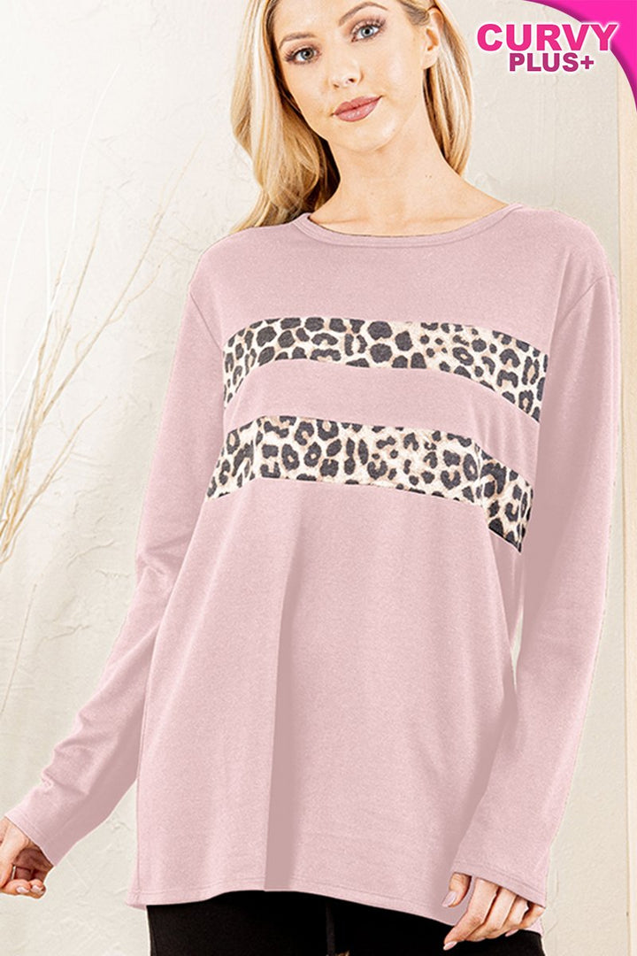 ROUND NECK SOLID AND ANIMAL LEOPARD PRINT CONTRAST TOP