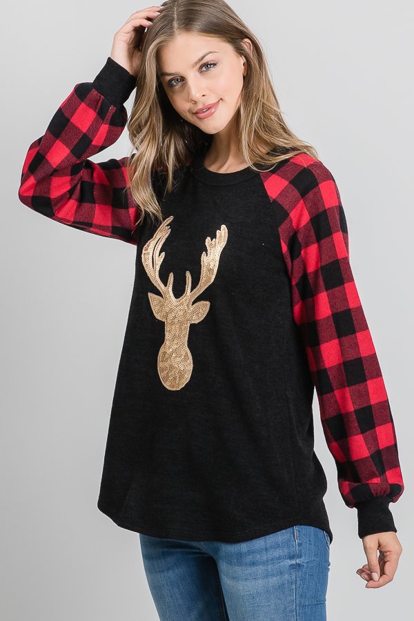 PLAID PRINT CONTRAST TOP WITH REINDEER SEQUINS DETAIL PLUS SIZE