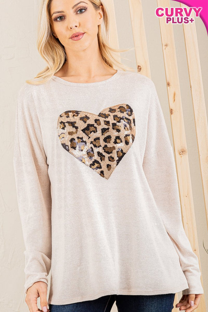 ROUND NECK SOLID TOP WITH ANIMAL SEQUINS HEART PATCH DETAIL PLUS SIZE