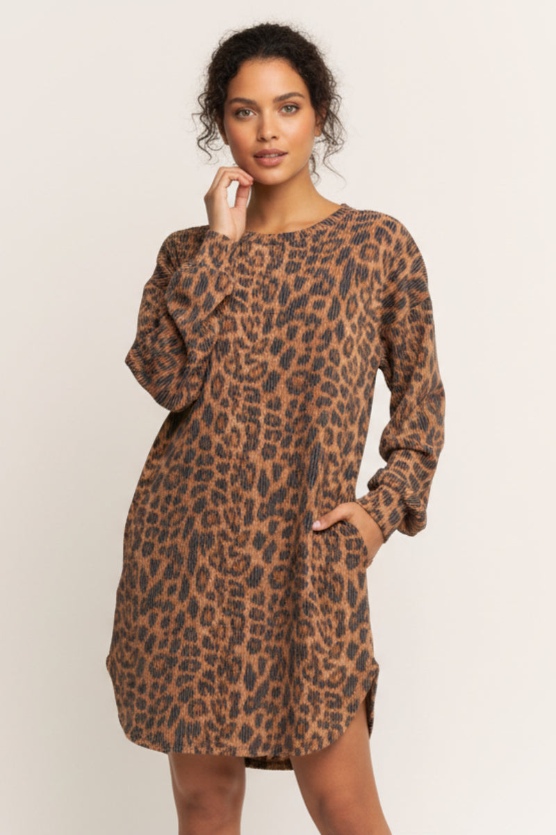 LONG PUFF SLEEVE ANIMAL URBAN RIBBED MINI DRESS-HMED6710