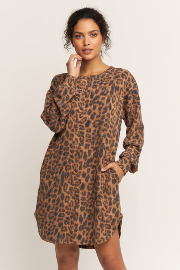 LONG PUFF SLEEVE ANIMAL URBAN RIBBED MINI DRESS-HMED6710