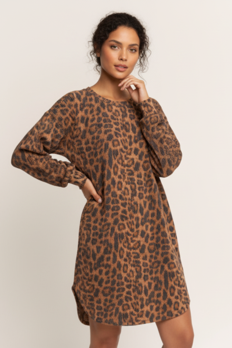 LONG PUFF SLEEVE ANIMAL URBAN RIBBED MINI DRESS-HMED6710