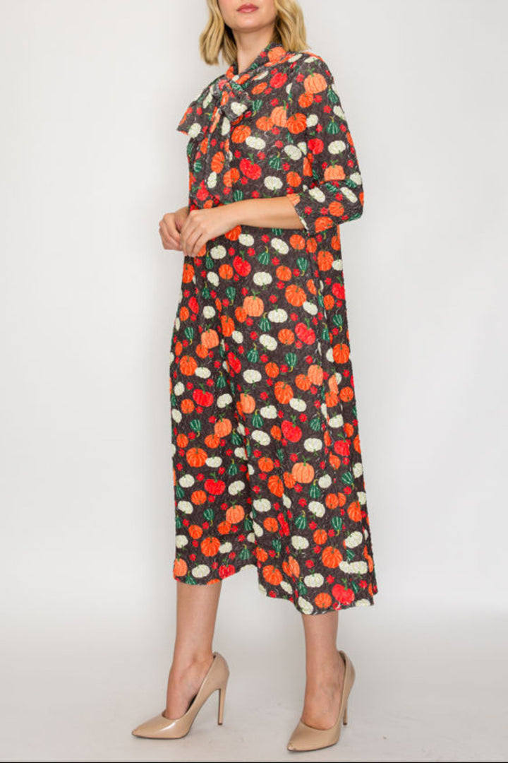 PLUS SIZE TIE-NECK A-LINE MODEST DRESS WITH SIDE POKTES