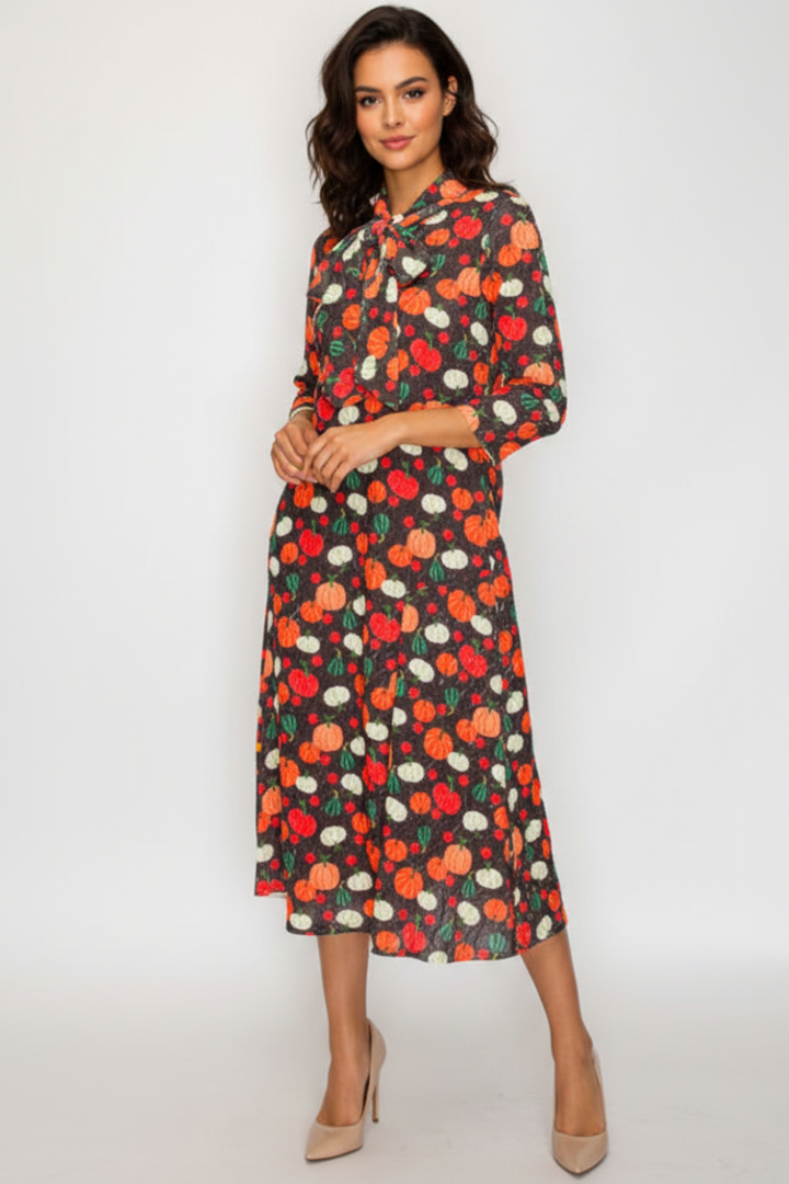 TIE-NECK A-LINE MODEST DRESS WITH SIDE POKTES-SHVL5831-J