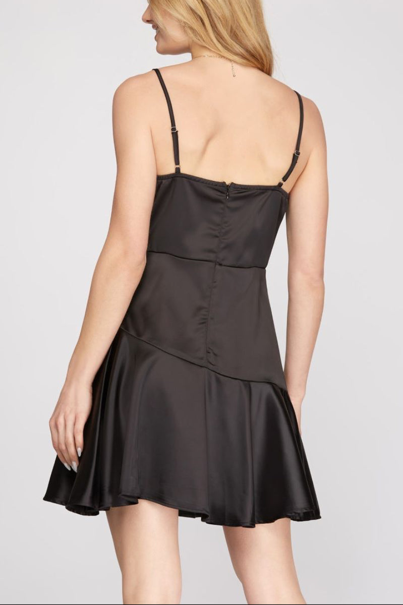 CAMI SURPLICE HEAVY SATIN FLARE MINI DRESS SKSY3866