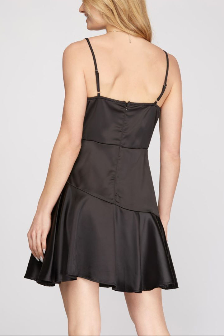 CAMI SURPLICE HEAVY SATIN FLARE MINI DRESS SKSY3866
