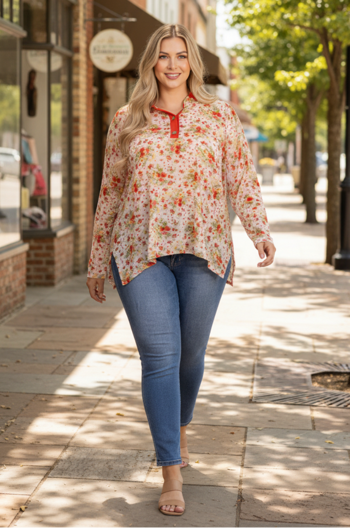 MANDARIN COLLAR FLORAL PRINT PLUS SIZE TOP T7538-