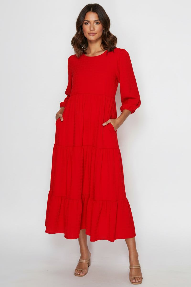 PLUS SIZE PUFF SLEEVES LAYERED DRESS WITH SIDE POCKETS-SHVL5825