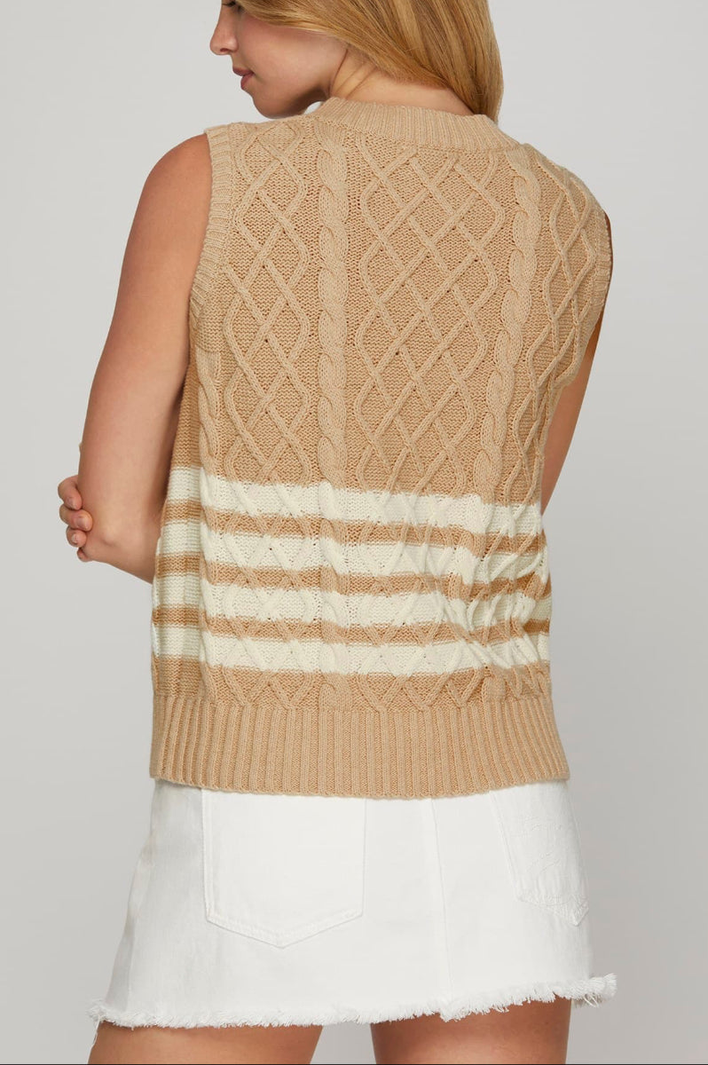 SLEEVELESS STRIPED CABLE KNIT SWEATER VEST-SKSY8127