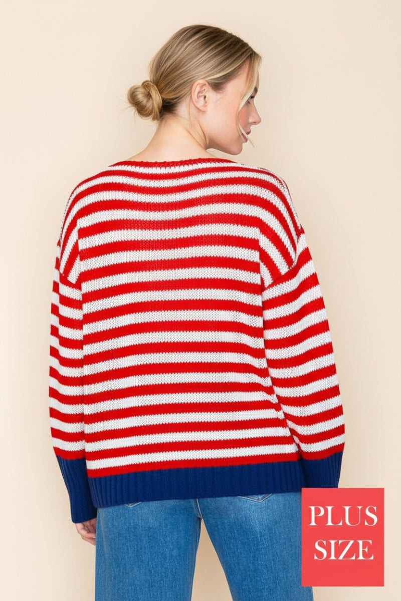 PLUS SIZE LONG SLEEVE STRIPED KNIT SWEATR