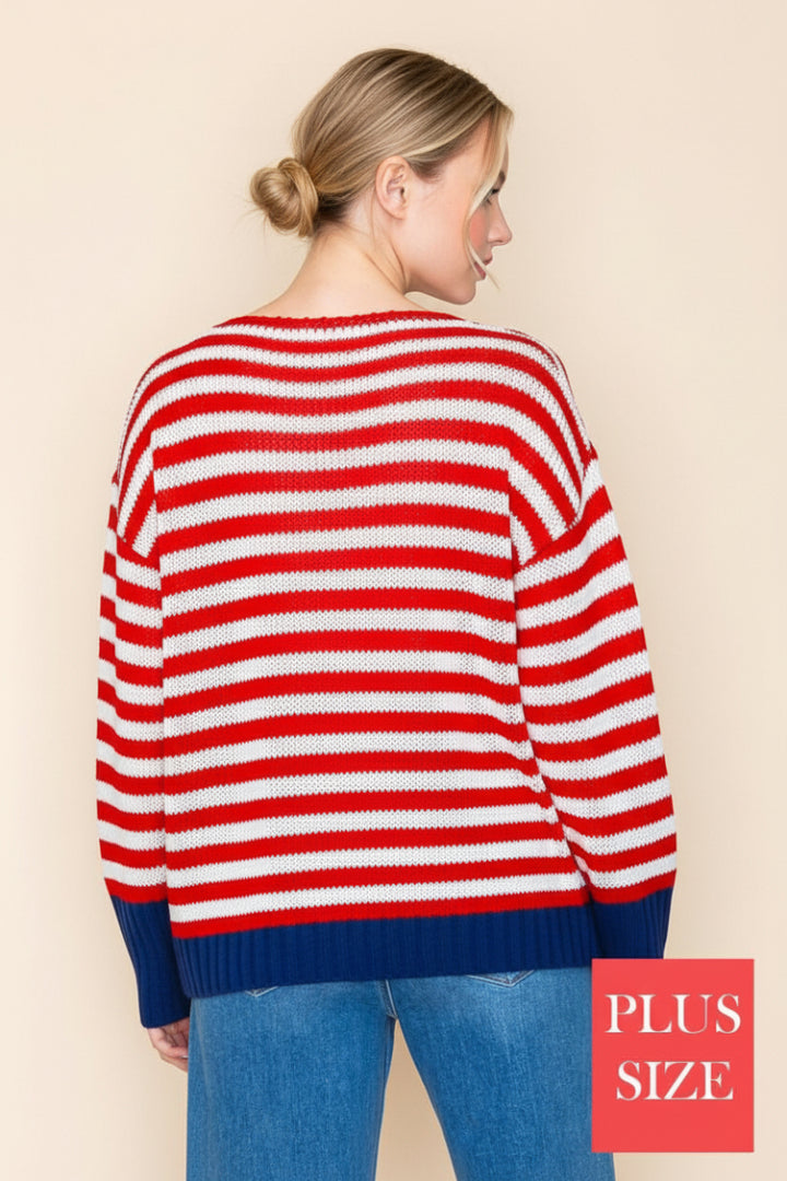 PLUS SIZE LONG SLEEVE STRIPED KNIT SWEATR