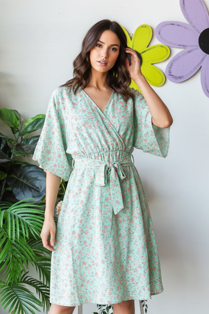HALF SLEEVE SURPLICE NECKLINE DITSY FLORAL PRINT MINI DRESS-HMED6826-11