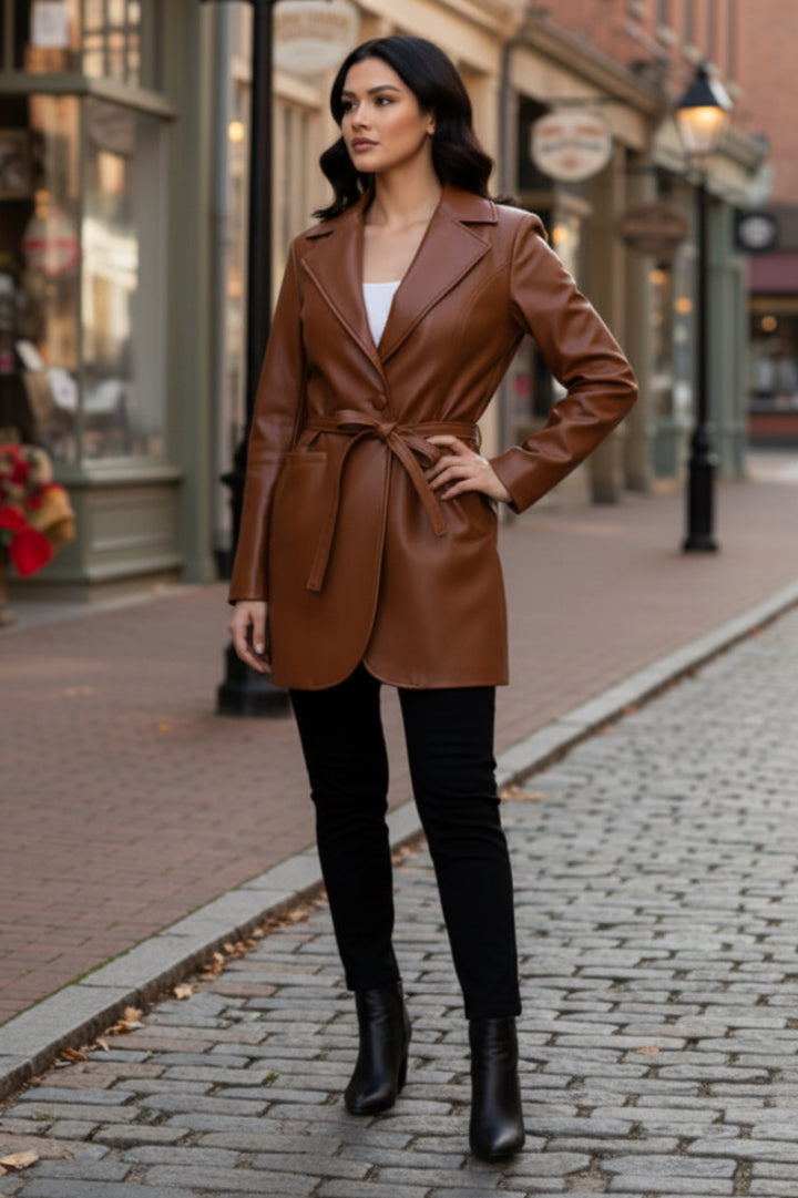 LONG SLEEVE WAIST TIE LEATHER JACKT-WBT11135XL