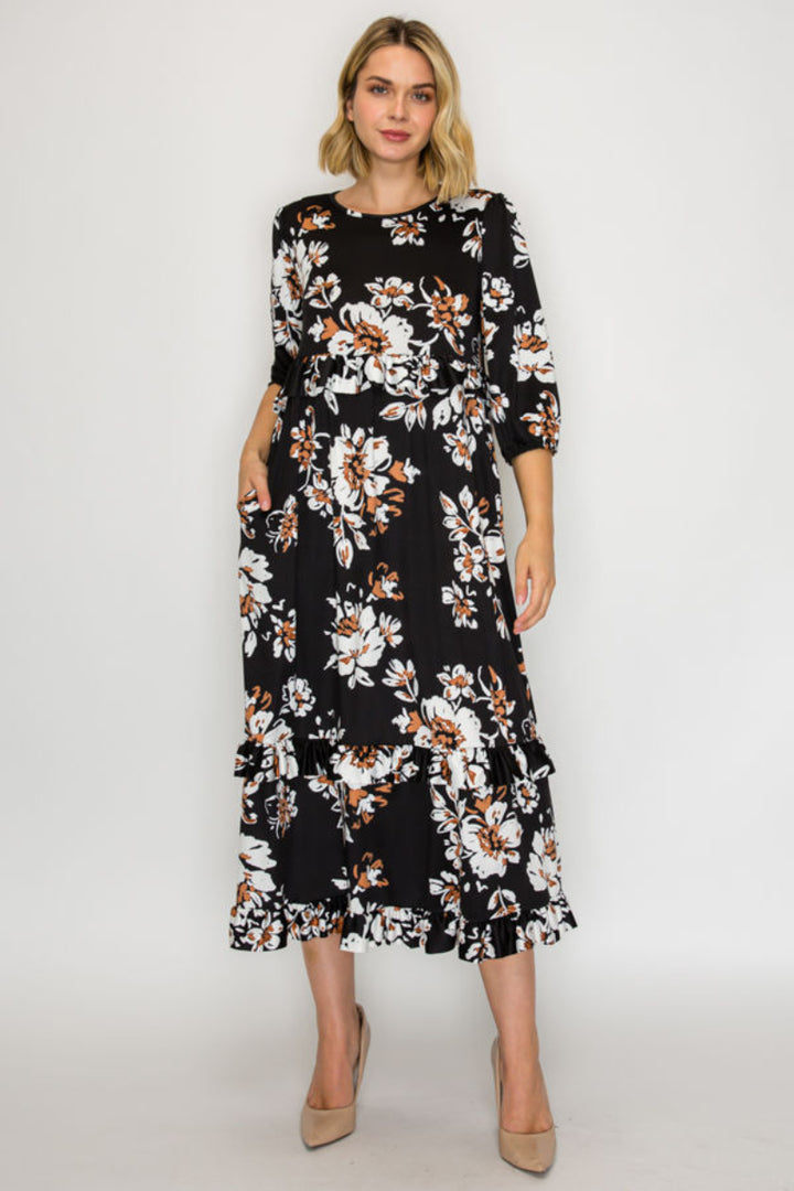 PLUS SIZE TIERED RUFFLE MIDI DRESS WITH SIDE POCKETS