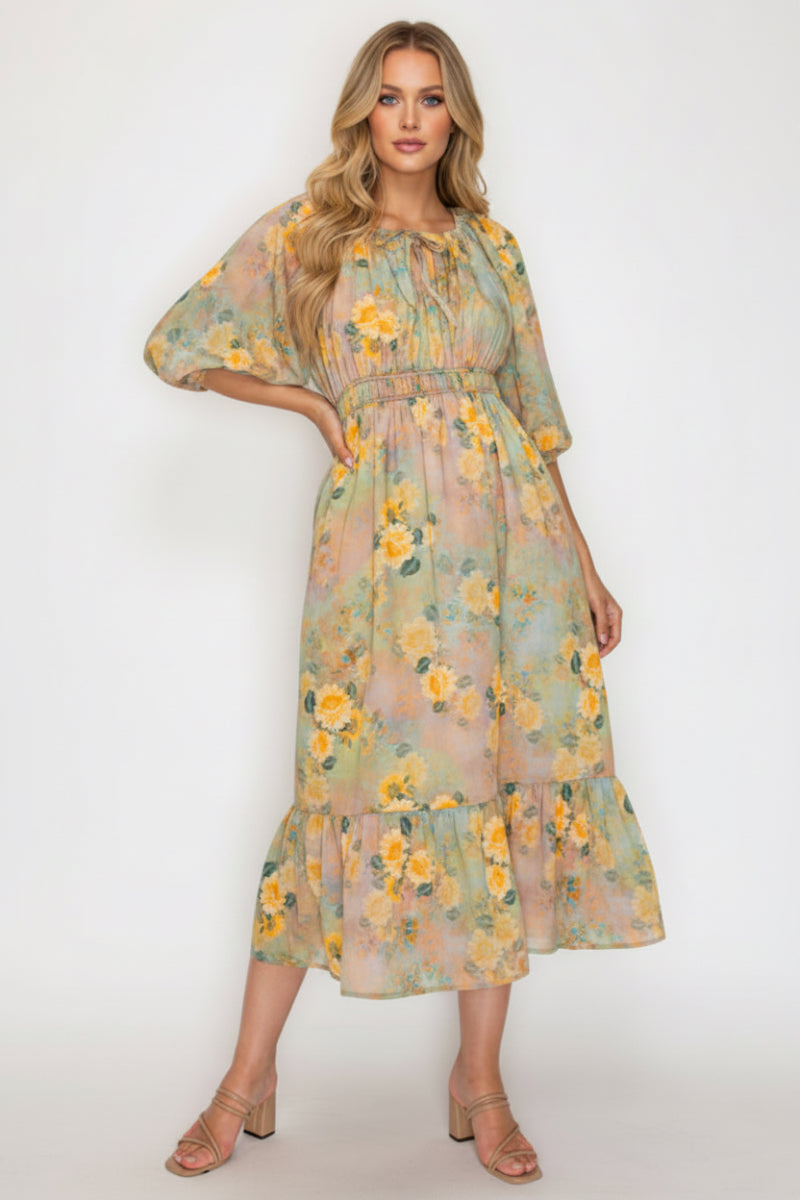 PLUS SIZE FLORAL MIDI DRESS WITH SQUARE NECK-SHD1027