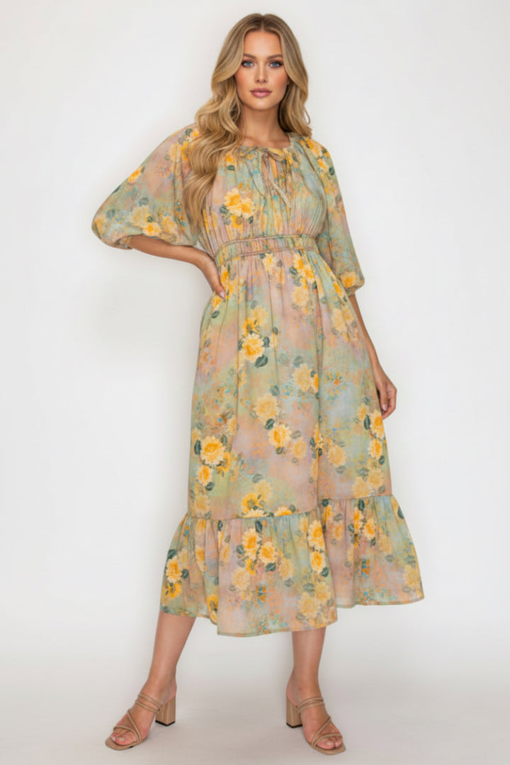 PLUS SIZE FLORAL MIDI DRESS WITH SQUARE NECK-SHD1027