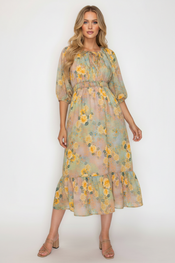 PLUS SIZE FLORAL MIDI DRESS WITH SQUARE NECK-SHD1027
