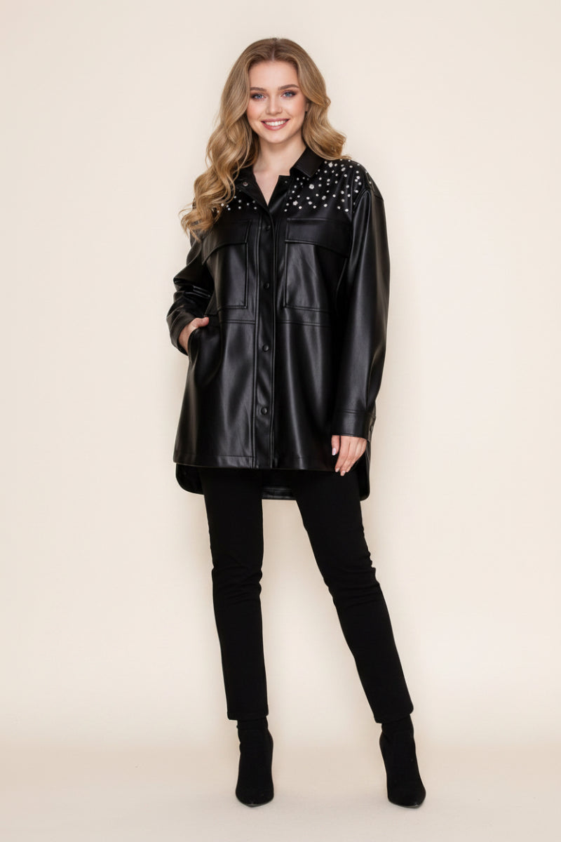 BLACK AND RHINESTONE LONG SLEEVE PU JACKET-WBT10871XL