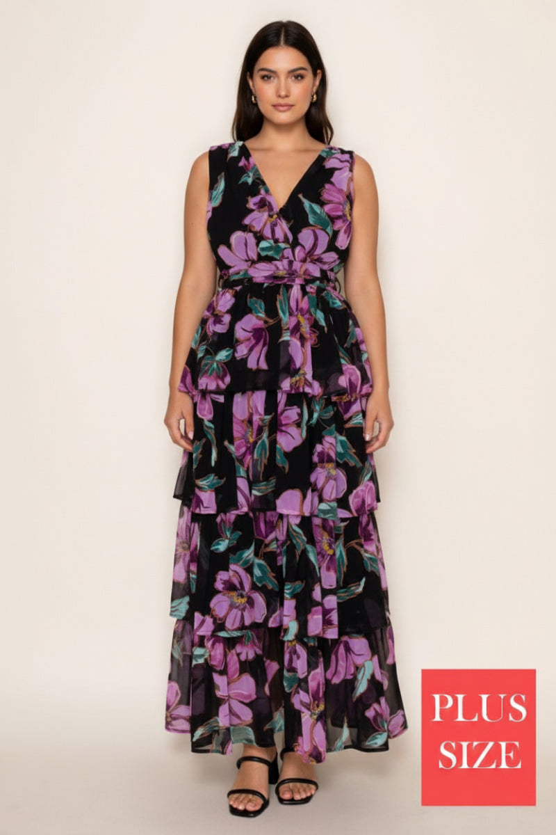 PLUS SIZE SLEEVELESS FLORAL PRINT MAXI DRESS