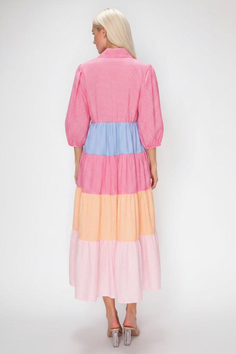 TIERED SILHOUETTE COLORBLOCK MIDI DRESS SHVL6112