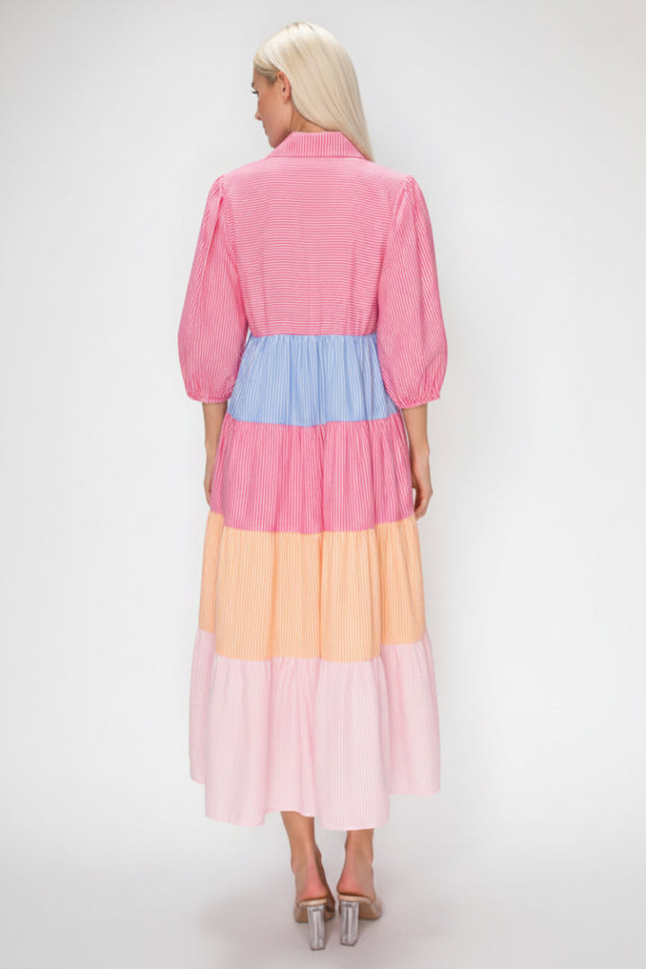 TIERED SILHOUETTE COLORBLOCK MIDI DRESS SHVL6112