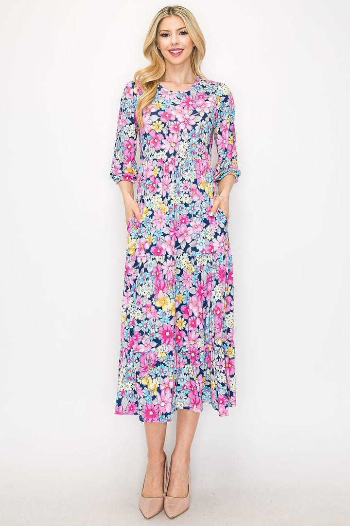 PLUS SIZE PUFF SLEEVES LAYERED DRESS WITH SIDE POCKETS