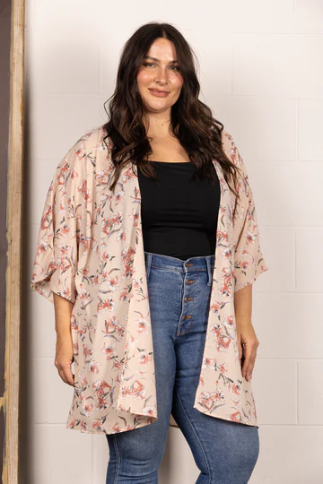 TAUPE SPRING FLORAL OPEN FRONT PLUS SIZE CARDIGAN J7004