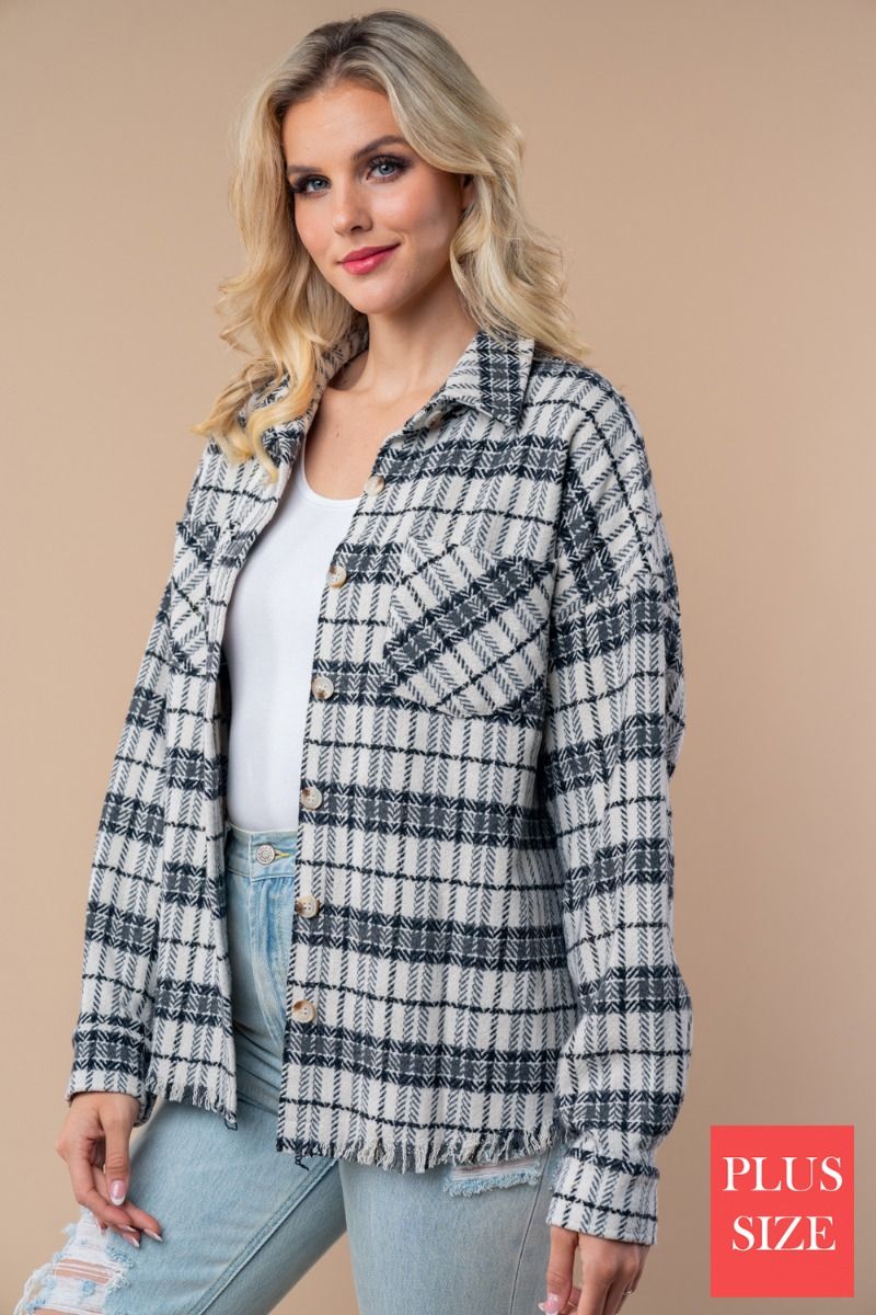 BUTTON DONE PLUS SIZE PLAID WOVEN SHACKET