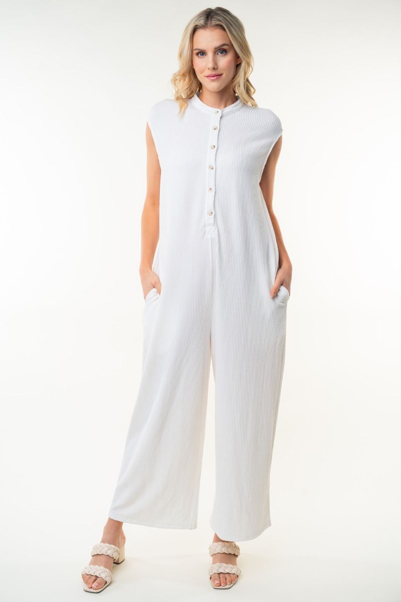 SLEEVELESS SOLID KNIT JUMPSUITE WITH HALF BUTTON UP