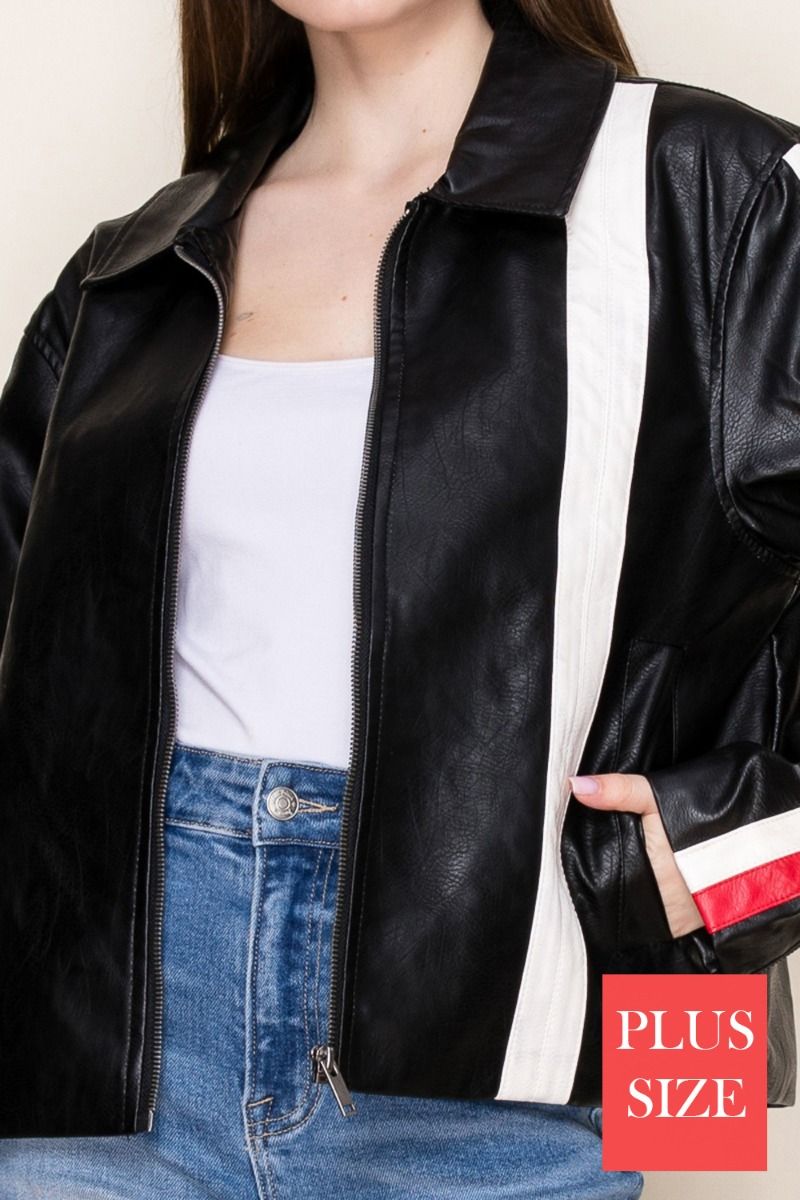 PLUS SIZE BLACK PU LEATHER JACKET WHIT FRONT ZIP-UP-WBT11052P