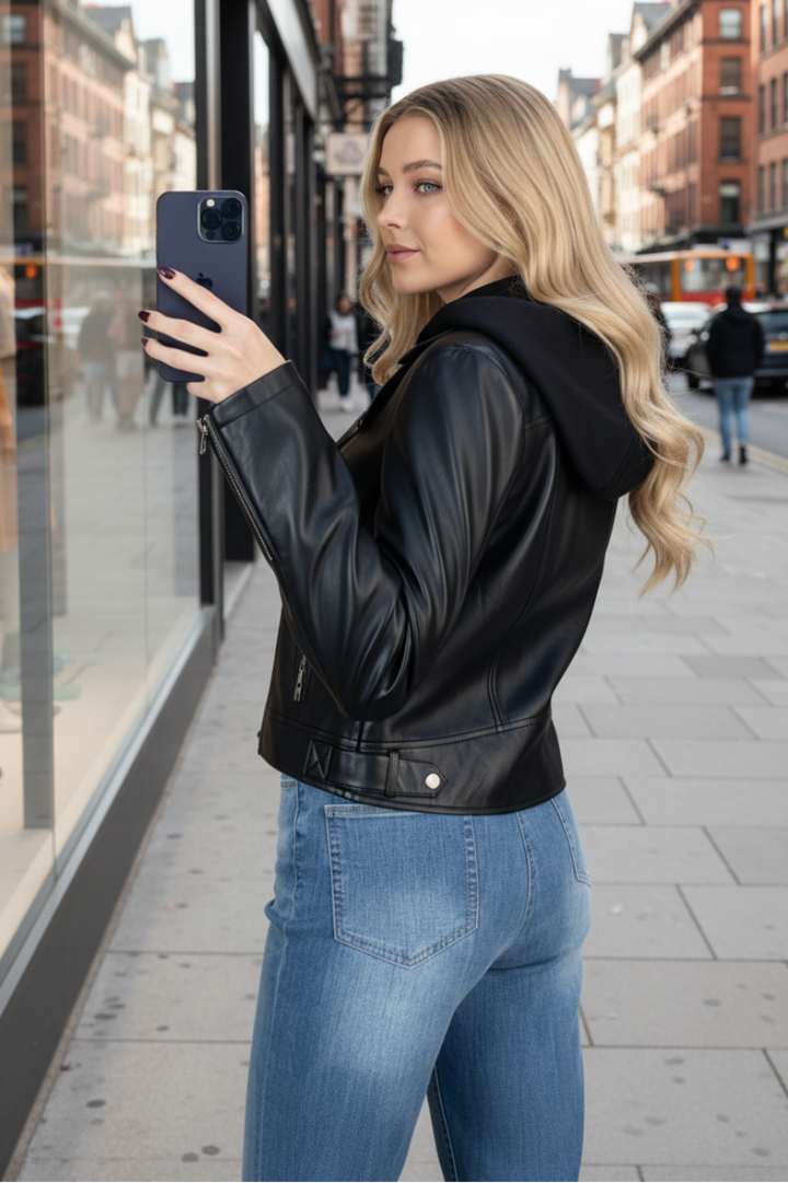 BLACK ZIP-UP PU LATHER JACKET-WBT11139XL