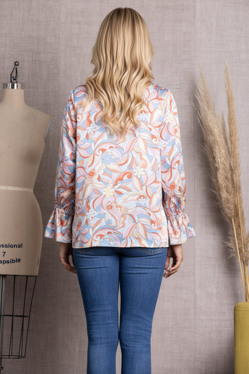 BLUSH PRINTED V-NECK CUFF LONG BALLOON SLEEVE TOP-ST11922